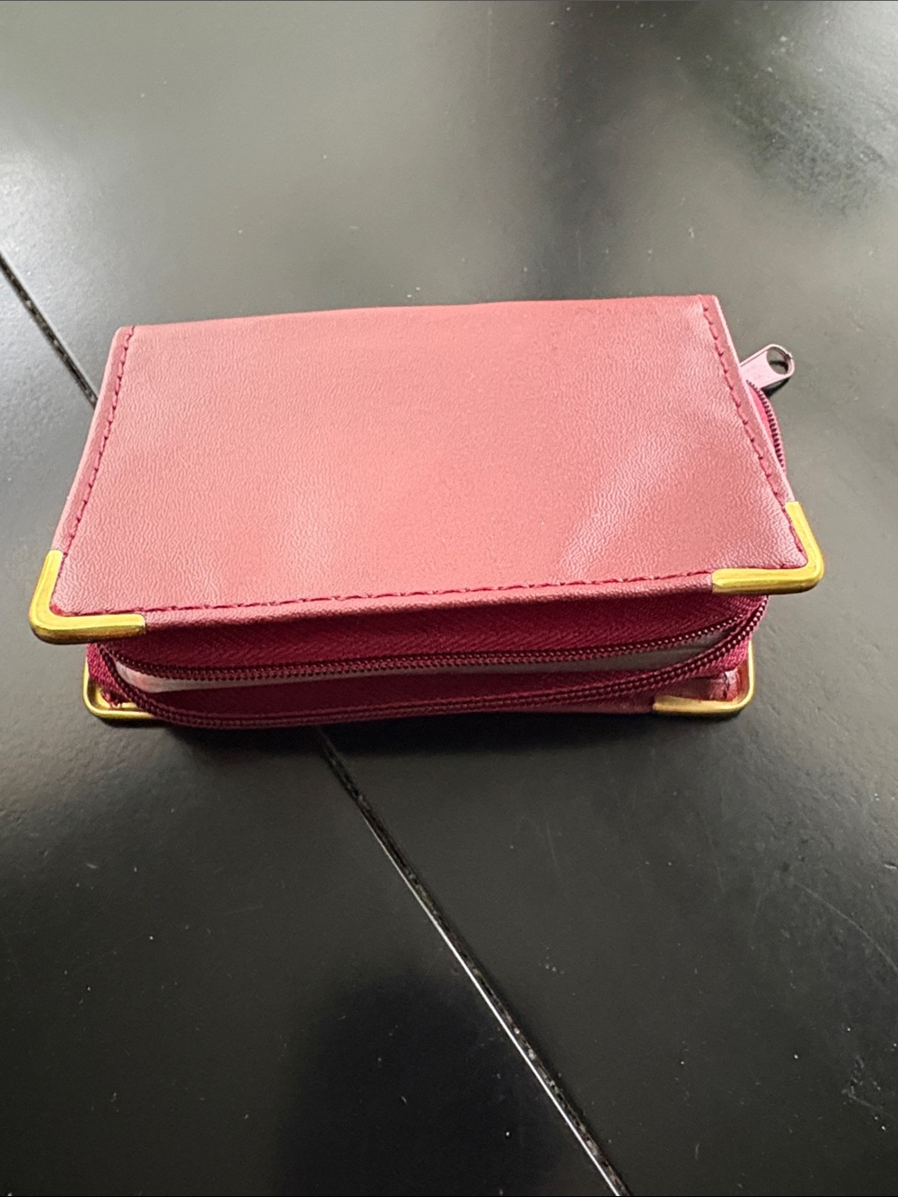 maroon Compact Zipper Wallet with Gold Corner Accents